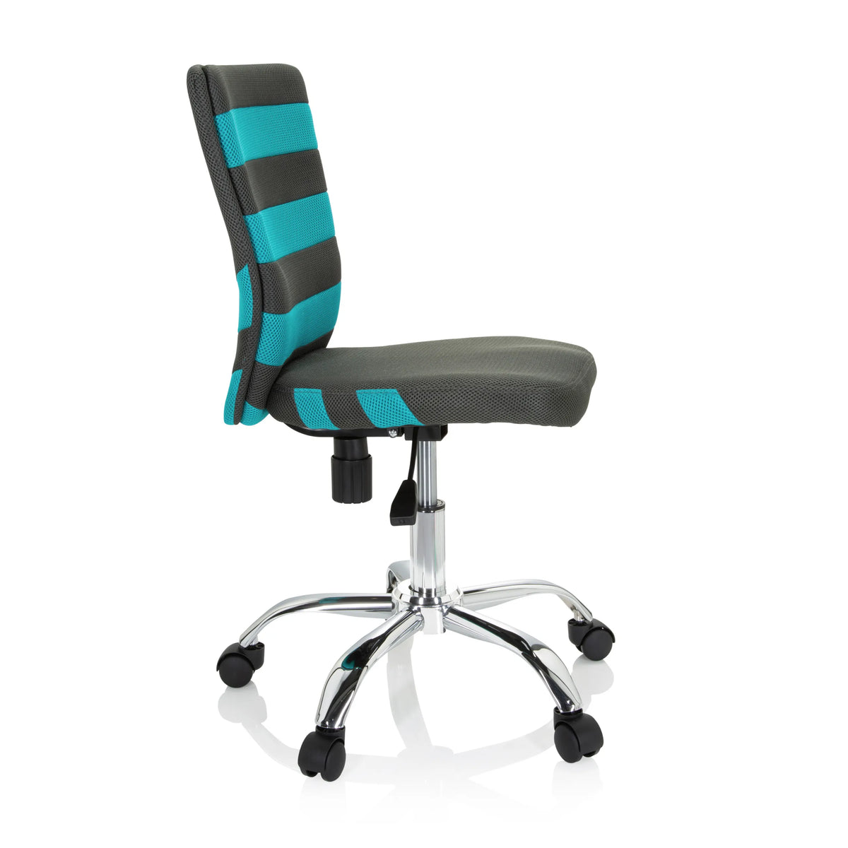 Sedia girevole per bambini KIDDY COMFORT I grigia con strisce turchesi nello schienale in rete e base a cinque ruote di hjh OFFICE – vista a 360° (profilo laterale 80°)