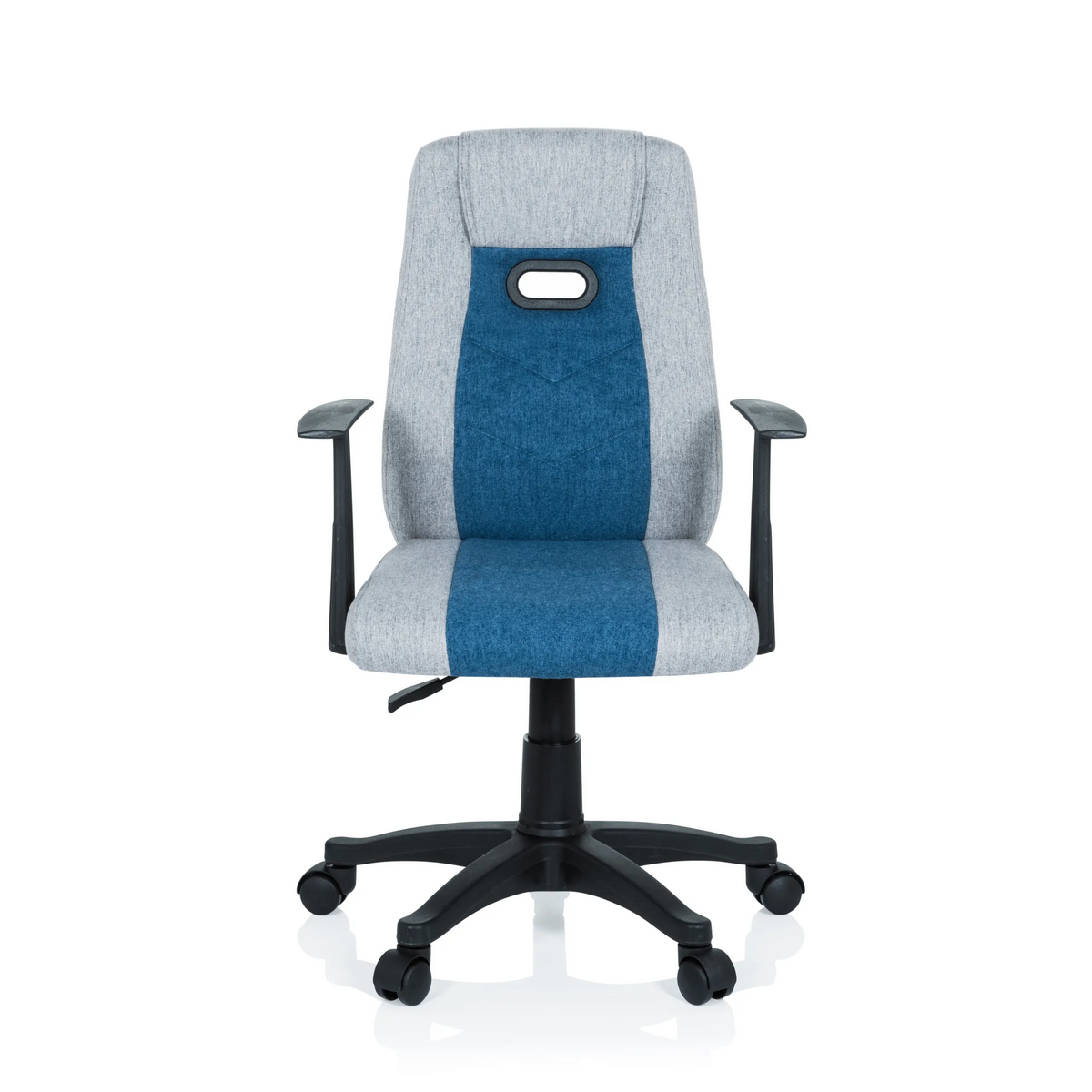 Sedia girevole per bambini KIDDY EXTRA grigio-blu con braccioli e base a cinque ruote di hjh OFFICE – vista a 360° (vista frontale 0°)