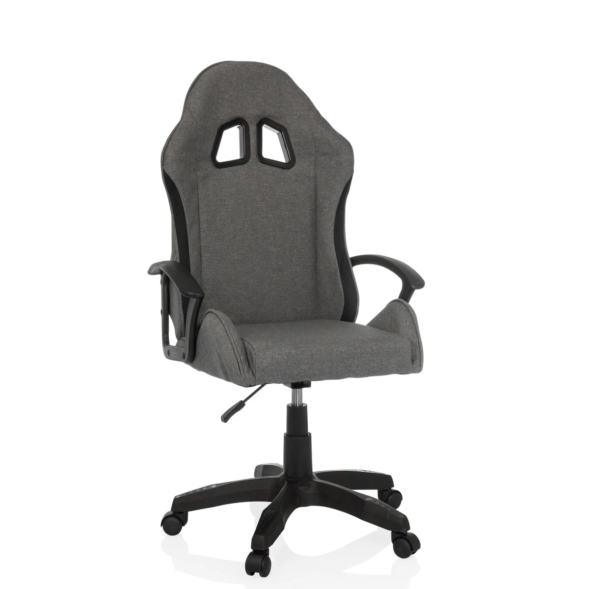 Sedia da gaming GAMEBREAKER W01 grigia con due aperture per il poggiatesta e base a cinque ruote di MyBuero – vista a 360° (vista frontale 15°)