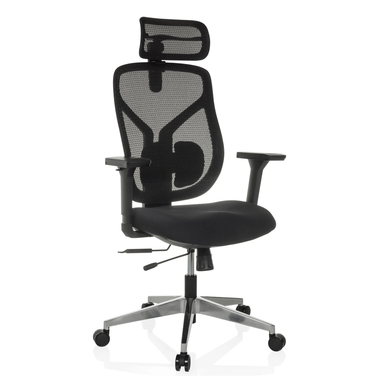 High-end Sedia da ufficio CASSILIS B nera con schienale in rete e base a cinque ruote di hjh OFFICE – vista a 360° (vista frontale a tre quarti 30°)