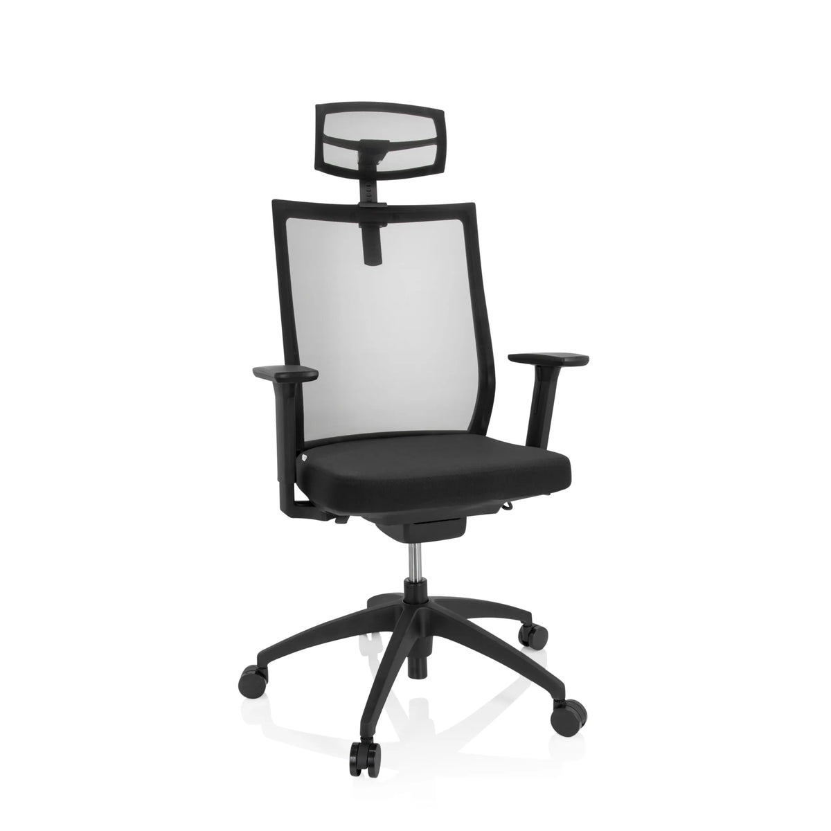 Sedia da ufficio professionale ASPEN PRO nera con schienale in rete, poggiatesta e base a cinque ruote di hjh OFFICE – vista a 360° (vista frontale 20°)