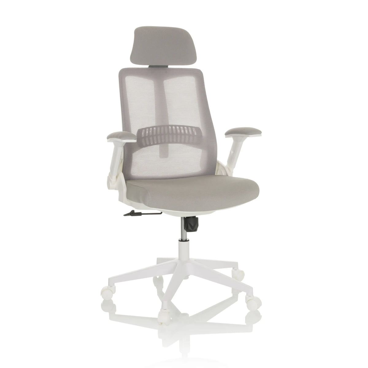 Grauer Homeoffice-Bürostuhl VENDO W mit Netzrücken und weißem Fußkreuz mit fünf Rollen von hjh OFFICE – 360-Grad-Ansicht (Frontansicht 15°)