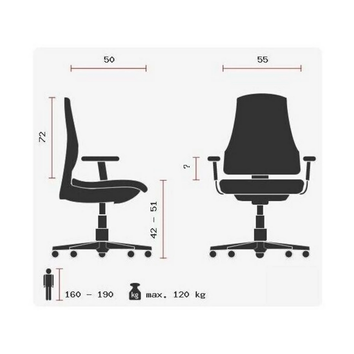 Disegno tecnico della Poltrona di lusso OFFICE RS1 con una larghezza di 55 cm di Topstar