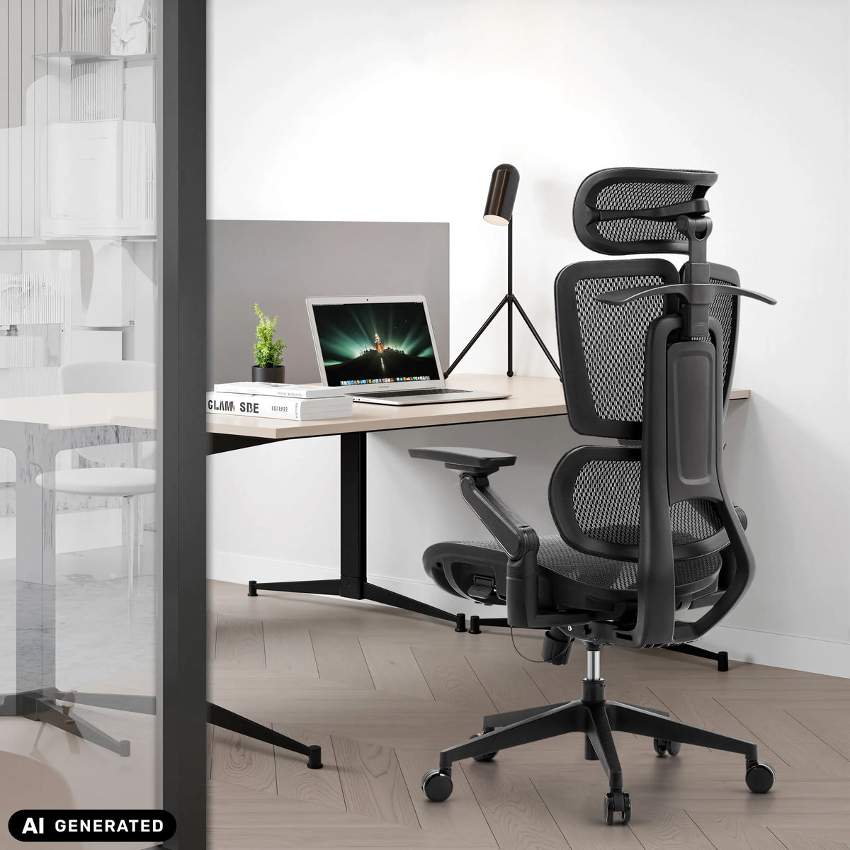 Sedia da ufficio professionale Ergo U2 Pro3 con rivestimento in rete di nylon nera di hjh OFFICE (immagine generata dall’IA)