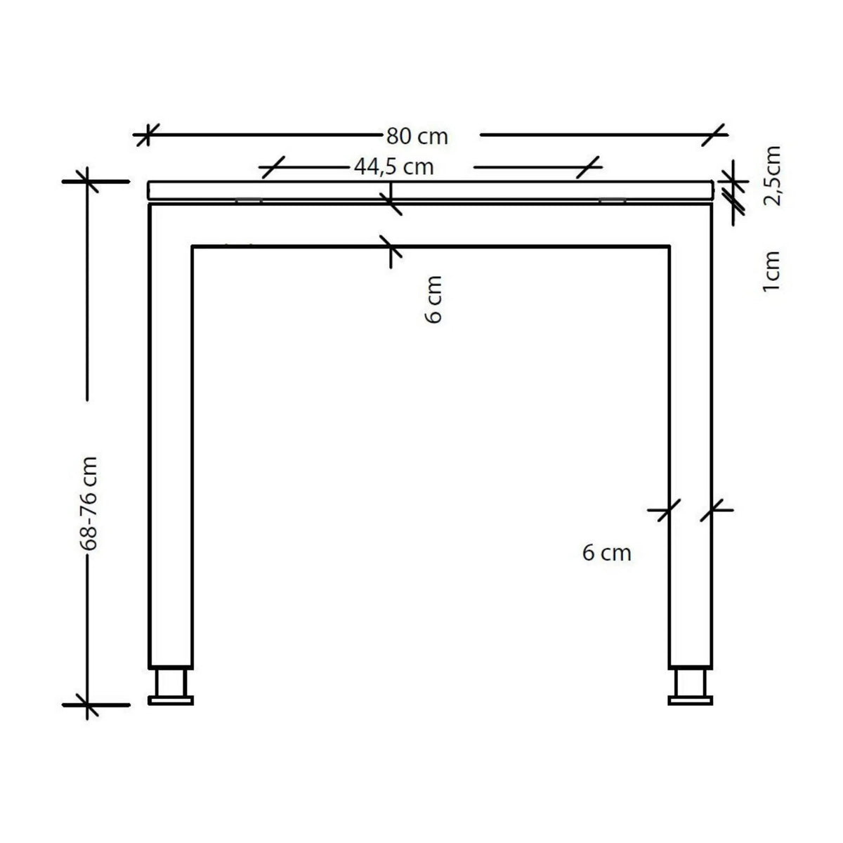 Disegno dimensionale della scrivania JAVA 12 S con larghezza di 80 cm e altezza di 68-76 cm di hjh OFFICE PRO