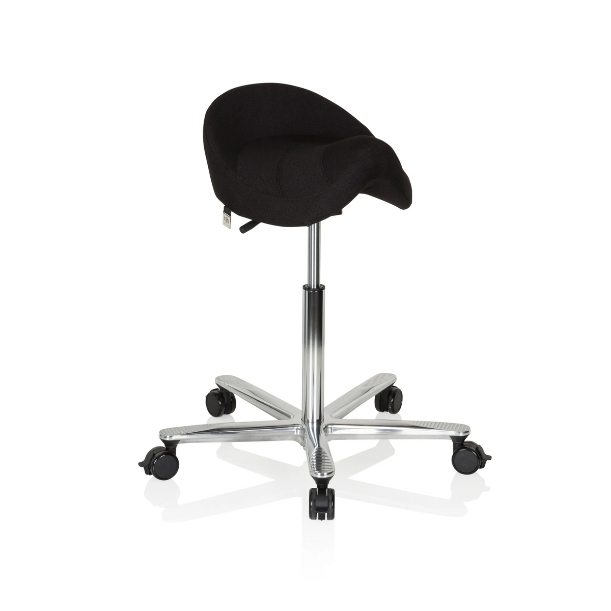 Sgabello a sella MOVE-TEC 3D PRO I nero con base a cinque ruote di hjh OFFICE – vista a 360° (vista frontale a tre quarti 40°)