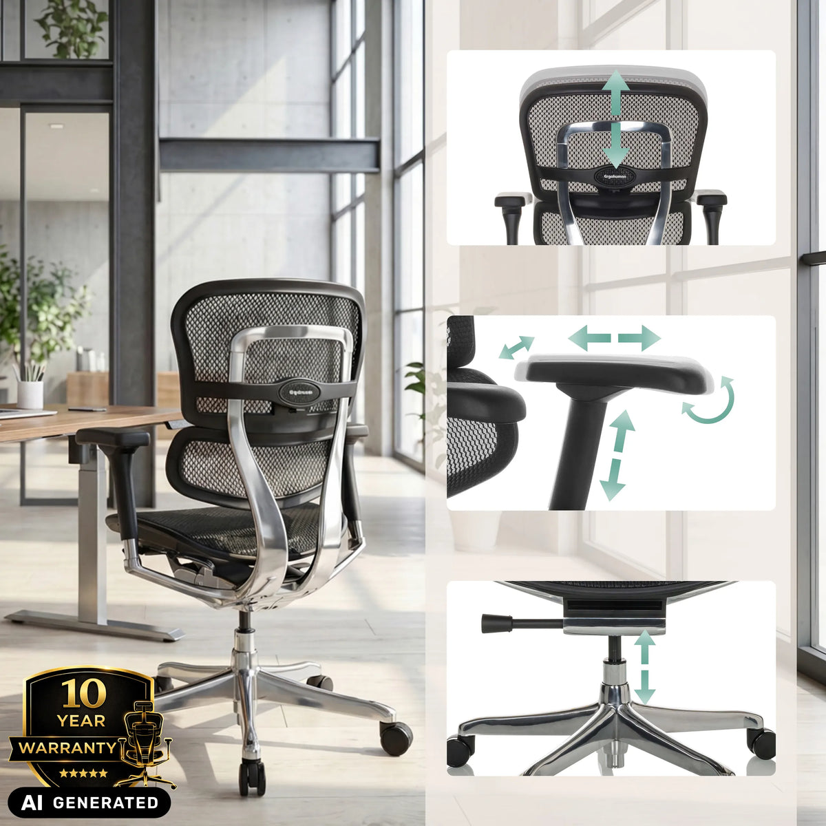Opzioni di regolazione della poltrona di lusso ERGOHUMAN BASE GEN2 di hjh OFFICE (immagine generata dall’IA)