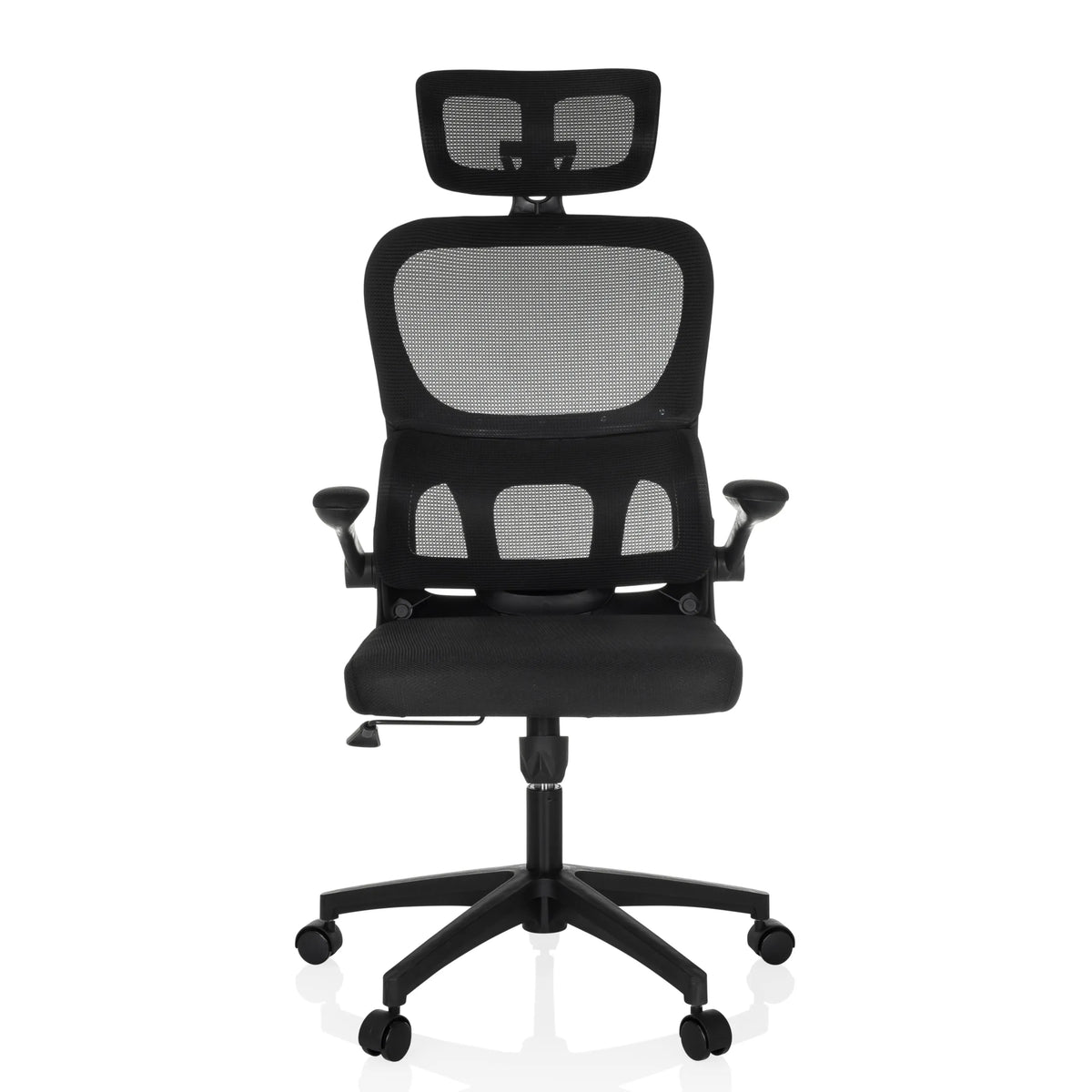 Sedia Home Office ERGOMY FLEX nera con schienale in rete, poggiatesta e base a cinque ruote di MyBuero – vista a 360° (vista frontale 0°)