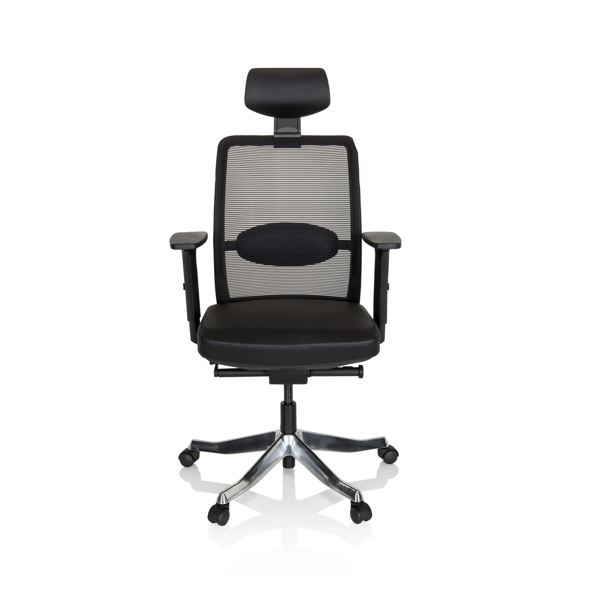 Poltrona di lusso SENATOR PRO nera con schienale in rete, poggiatesta e base a cinque ruote di hjh OFFICE – vista a 360° (vista frontale 0°)