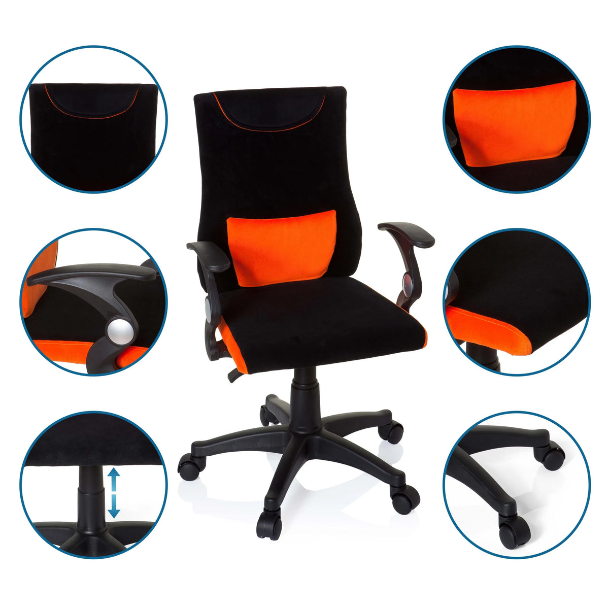 Sedia girevole per bambini KIDDY PRO AL in nero-arancione con viste dettagliate di braccioli e base a stella di hjh OFFICE