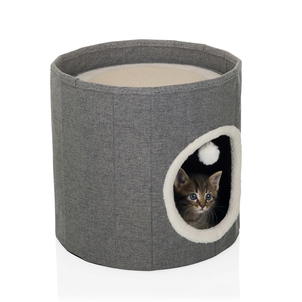 Cuccia chiusa per gatto PAWY R grigia con bordo in pelliccia bianca all'ingresso e una piccola pallina da gioco di hjh LIVING
