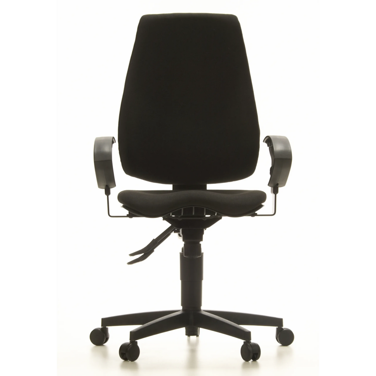 Sedia da ufficio professionale SYDNEY PRO nera con braccioli e base a cinque ruote di Topstar – vista a 360° (vista frontale 0°)