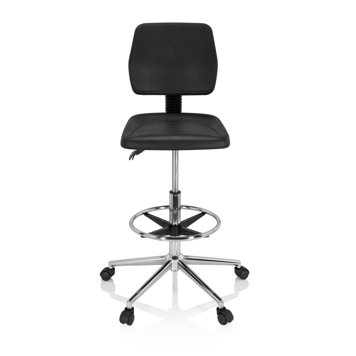 Sedia da banco nera TOP WORK 11 I con poggiapiedi e base a cinque ruote di hjh OFFICE – vista a 360° (vista frontale 0°)