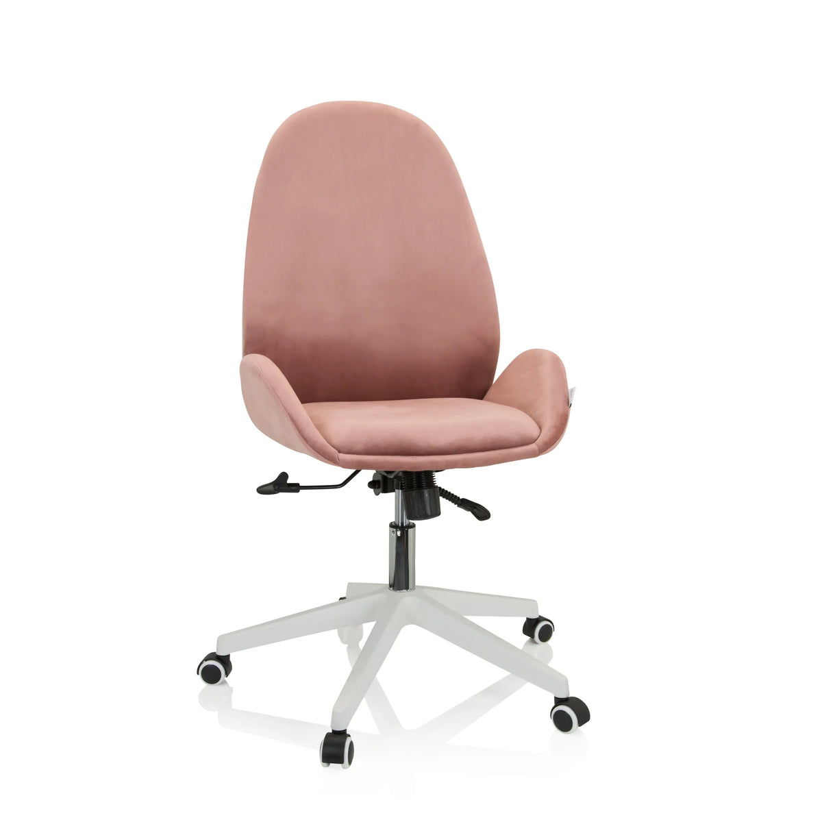 Sedia Home Office AVEA rosa con braccioli e base bianca a cinque ruote di hjh OFFICE – vista a 360° (vista frontale 20°)