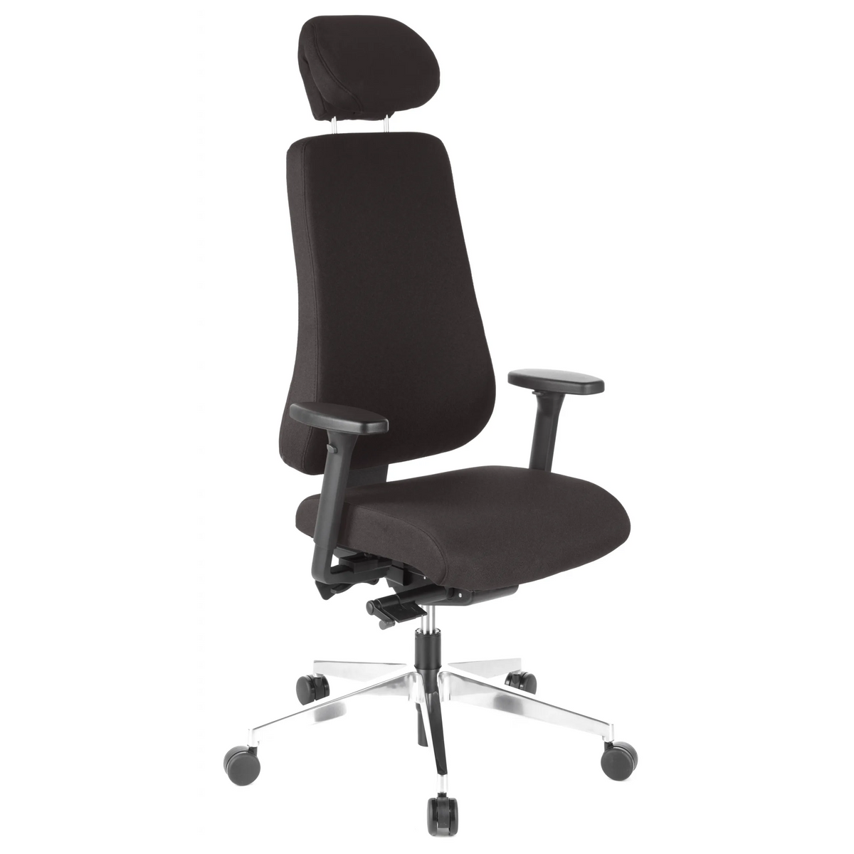 Sedia da ufficio professionale PRO-TEC 400 nera con poggiatesta, braccioli e base a cinque ruote di hjh OFFICE – vista a 360° (vista frontale a tre quarti 40°)