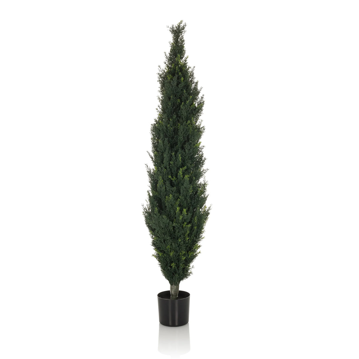 Grüne Kunstpflanze CEDRUS in Form einer hohen Zypresse mit schwarzem Pflanztopf von hjh OFFICE – 360-Grad-Ansicht (Frontansicht 0°)