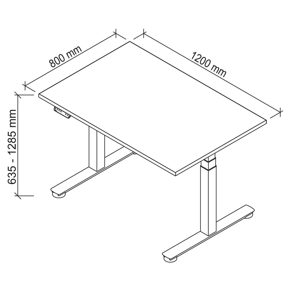 Disegno tecnico della scrivania XDSM 12 G con 1200 x 800 mm di hjh OFFICE PRO