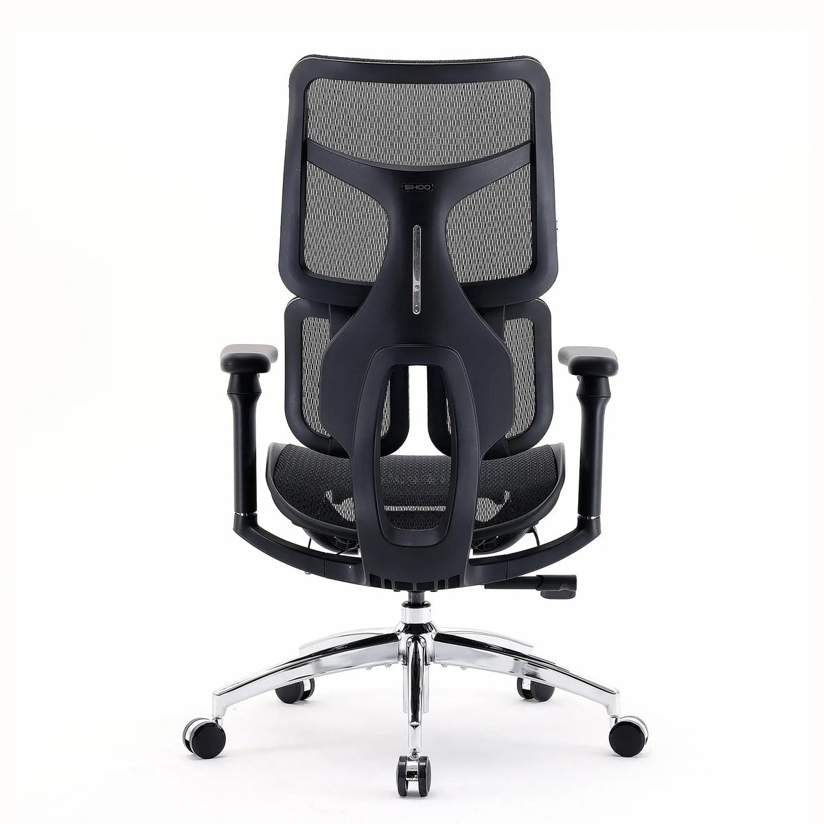 Vista posteriore della Sedia da ufficio professionale S100-M301 in nero con schienale in rete e base cromata di Sihoo