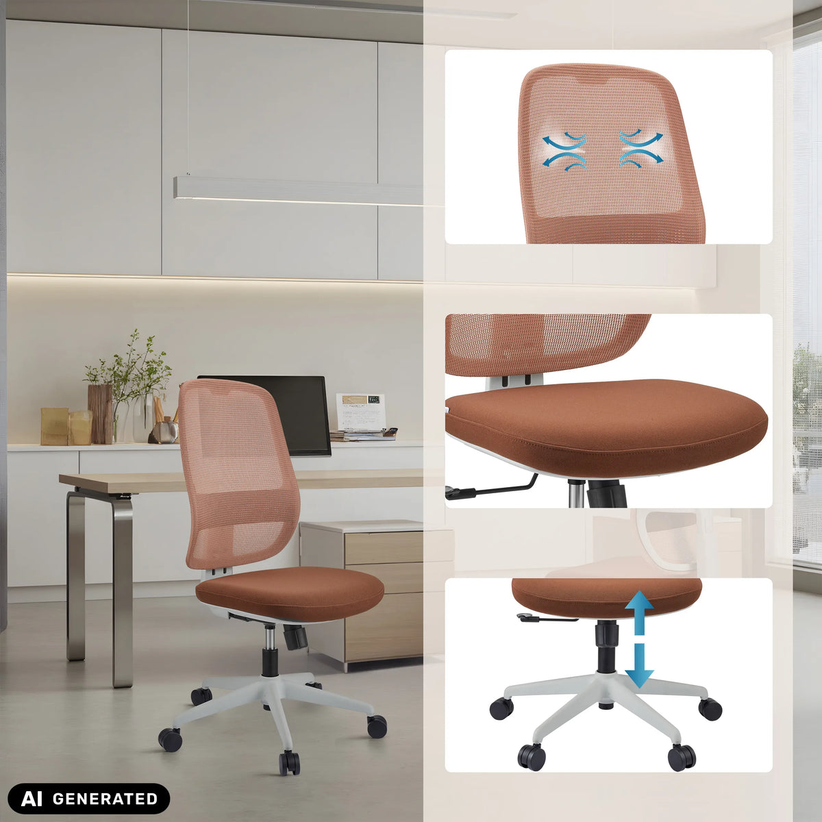Sedia da ufficio professionale Minoro W bianco-marrone, dettagli di schienale e altezza seduta di hjh OFFICE (immagine generata dall’IA)