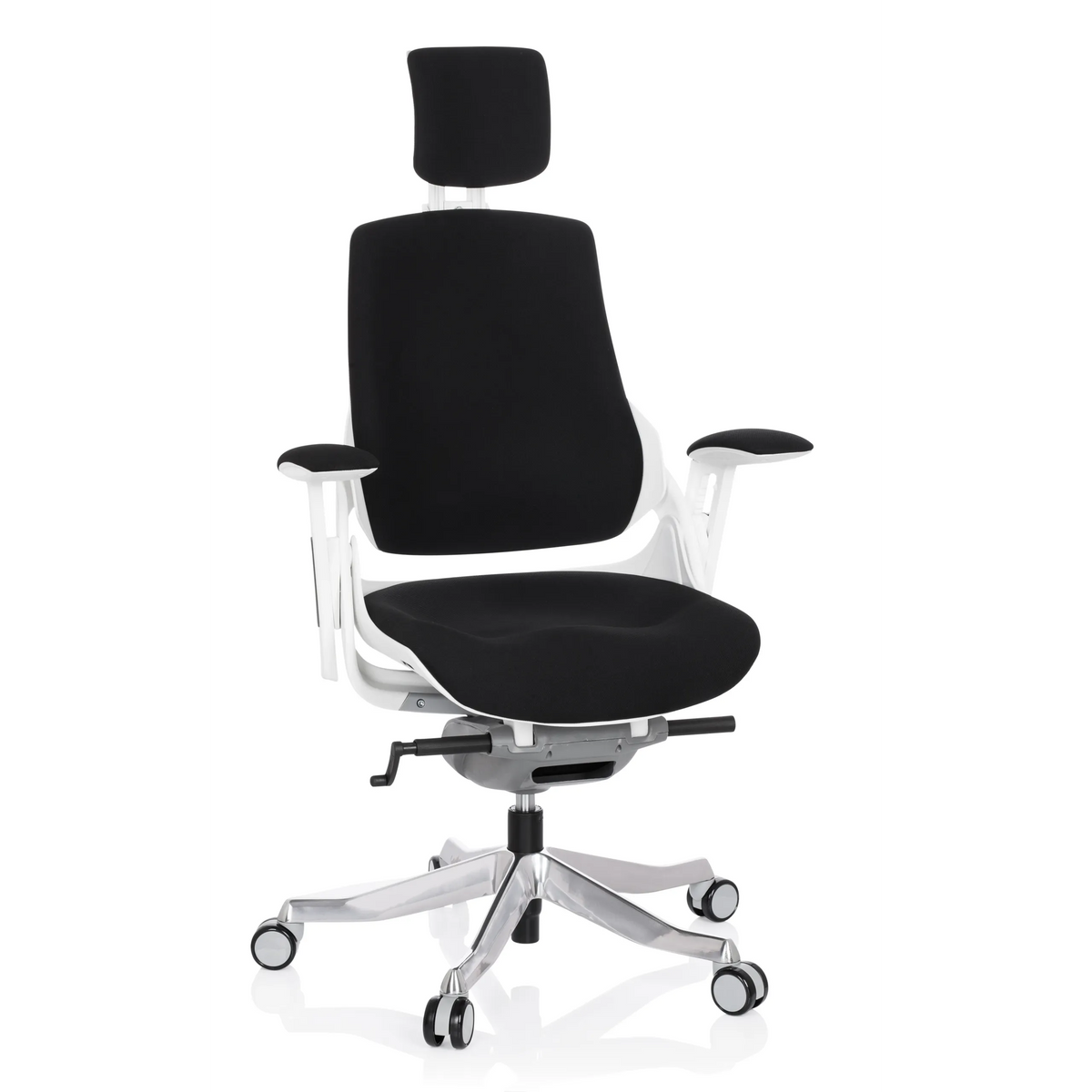 Sedia da ufficio professionale SPEKTRE nera con poggiatesta e base a cinque ruote di hjh OFFICE – vista a 360° (vista frontale 20°)