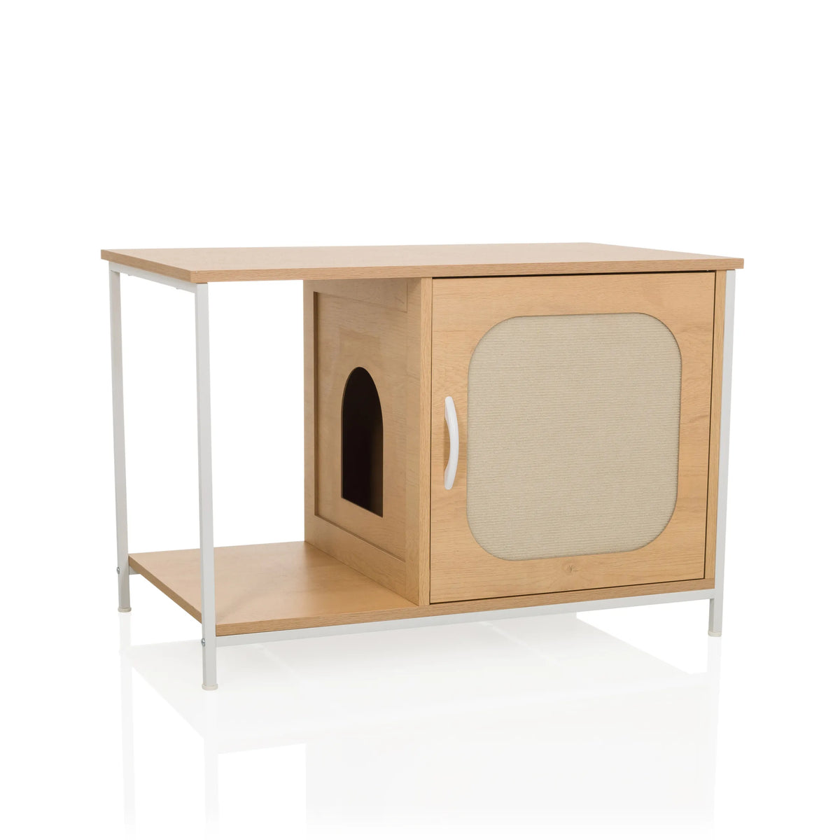 Cuccia per gatto KITTYHOME 1 bianca con un vano aperto e un armadietto con anta in tessuto di hjh LIVING – vista a 360° (vista frontale 15°)