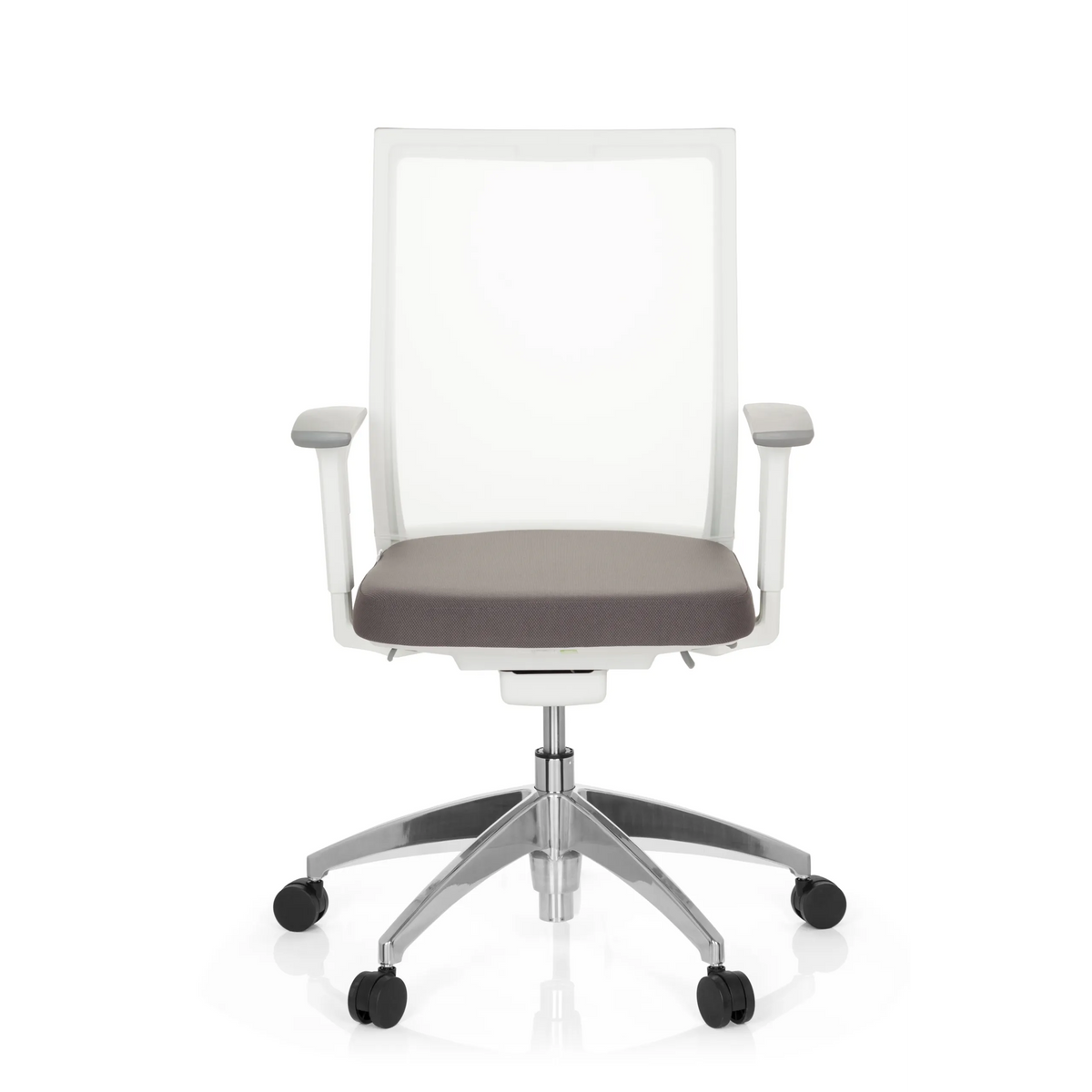 Sedia da ufficio professionale ASPEN WHITE grigio-bianca con schienale in rete e base a cinque ruote di hjh OFFICE – vista a 360° (vista frontale 0°)