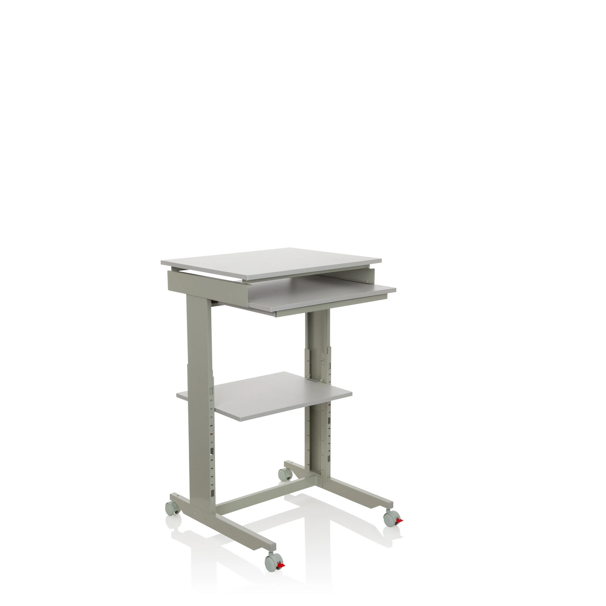 Grauer Stehschreibtisch WORKSTATION mit Ablagefläche und vier Rollen von hjh OFFICE – 360-Grad-Ansicht (schräge Frontansicht 40°)