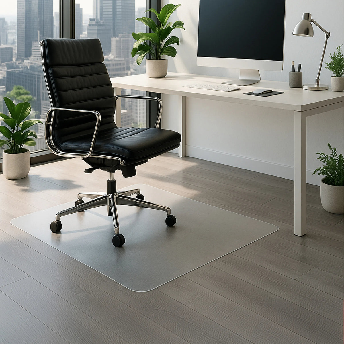 Tappetino FORTIFLEX bianco latte per pavimenti duri, 120 × 90 cm, sotto una sedia da ufficio di hjh OFFICE