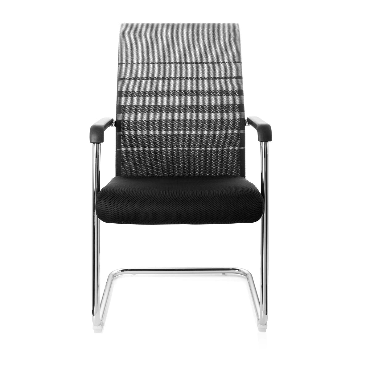 Sedia a sbalzo FALCONE V nero-grigia con schienale in rete, braccioli e base a slitta di hjh OFFICE – vista a 360° (vista frontale 0°)