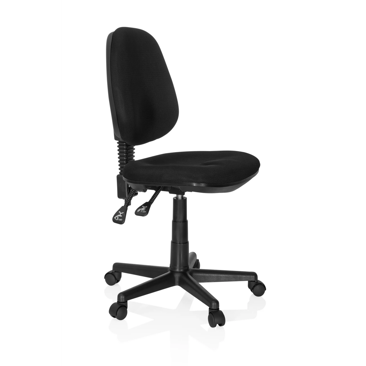Sedia Home Office CITY 25 nera con schienale in rete e base a cinque ruote di hjh OFFICE – vista a 360° (vista frontale a tre quarti 60°)