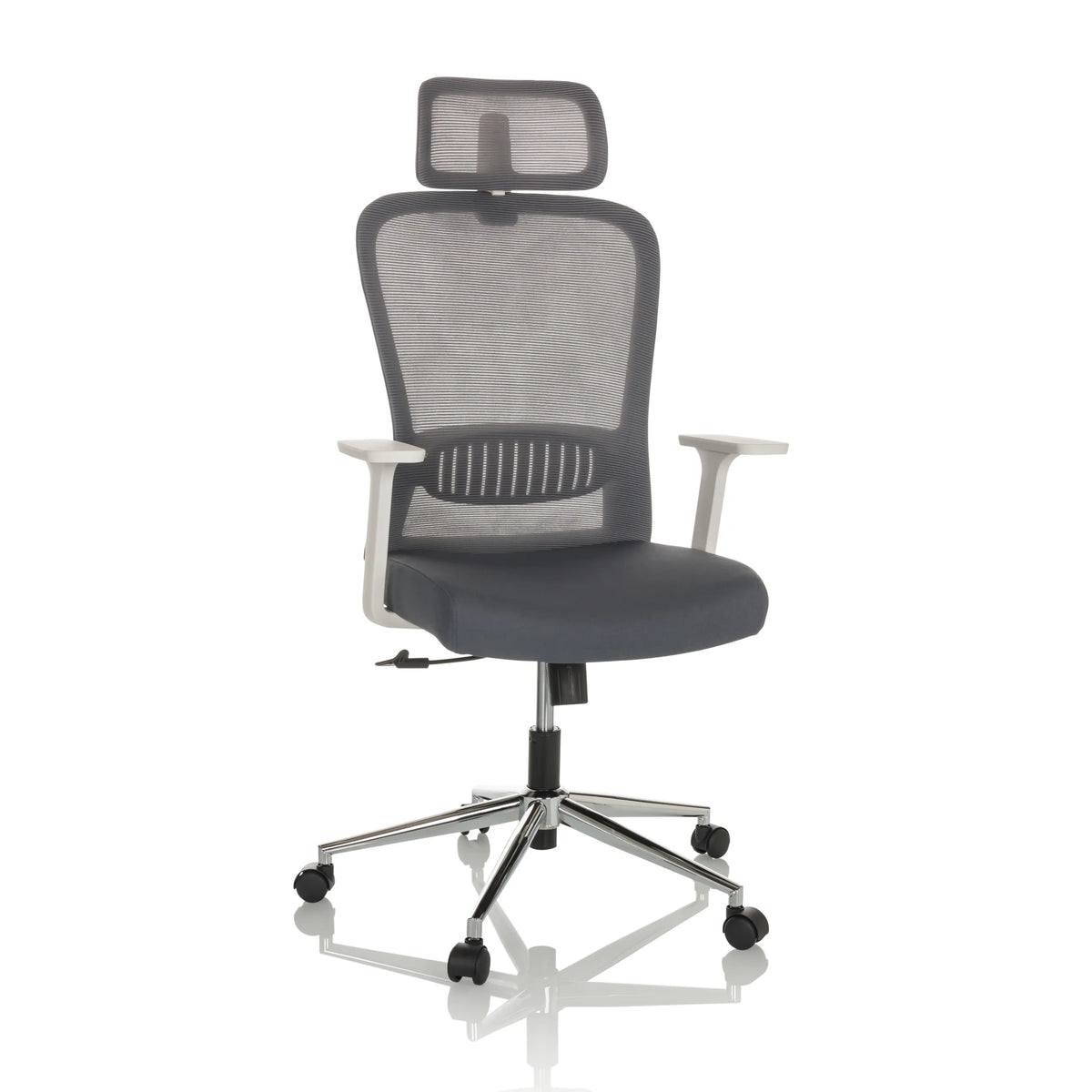 Sedia Home Office BELAIA W grigia con schienale in rete, poggiatesta e base a cinque ruote di hjh OFFICE – vista a 360° (vista frontale 15°)