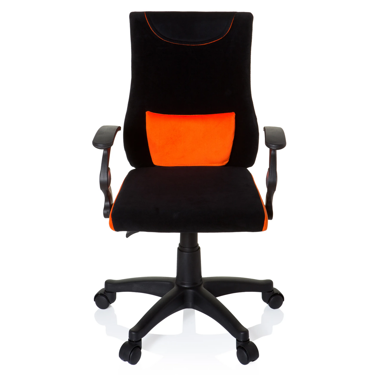 Sedia girevole per bambini KIDDY PRO AL nero-arancione con cuscino lombare e base a cinque ruote di hjh OFFICE – vista a 360° (vista frontale 0°)