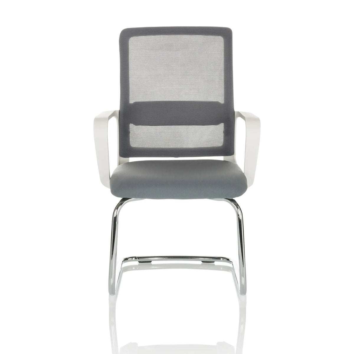 Sedia a sbalzo VISITER W grigia con schienale in rete, braccioli e struttura cromata di hjh OFFICE – vista a 360° (vista frontale 0°)