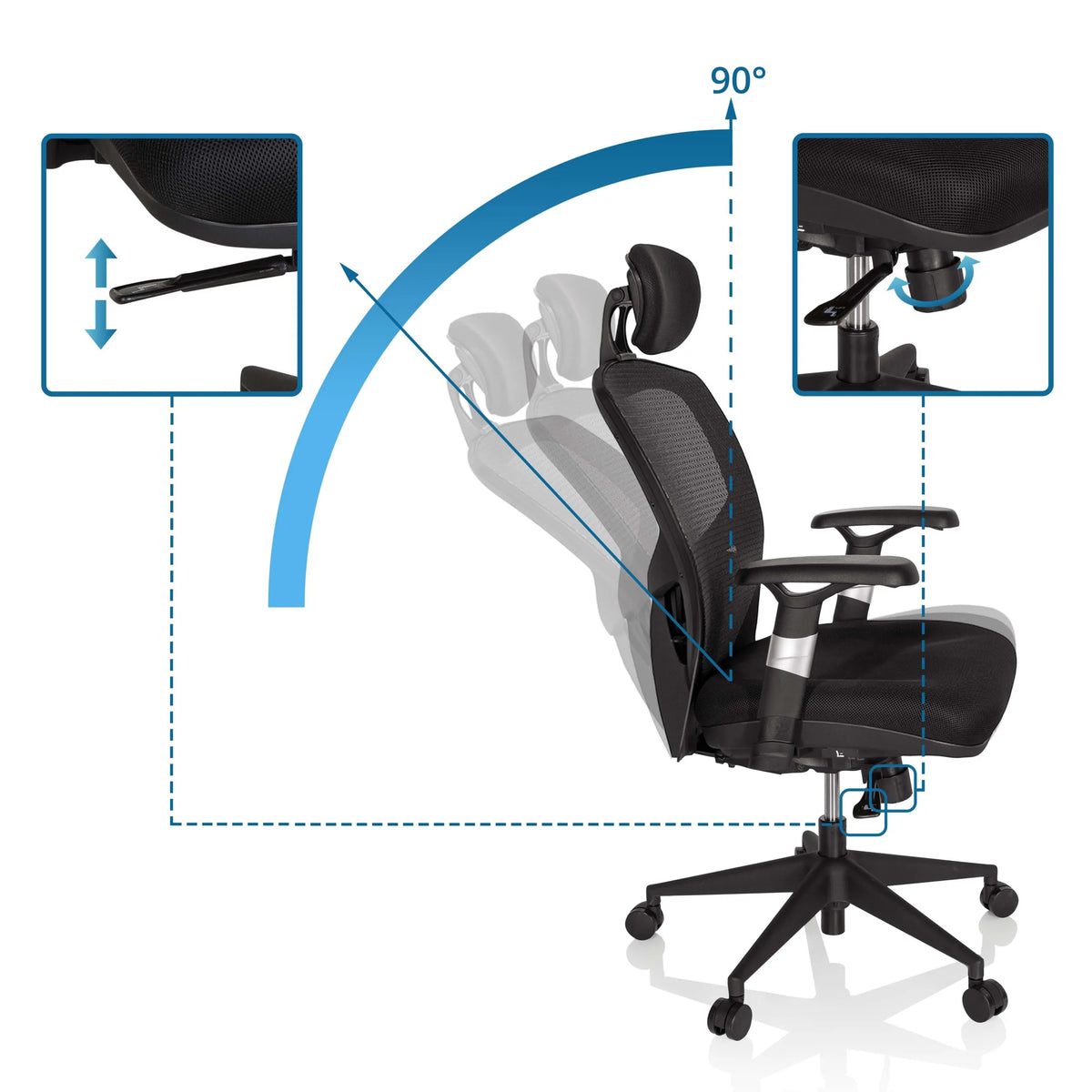 Schienale regolabile con angolo di 90° della High-end Sedia da ufficio VENUS BASE in nero di hjh OFFICE