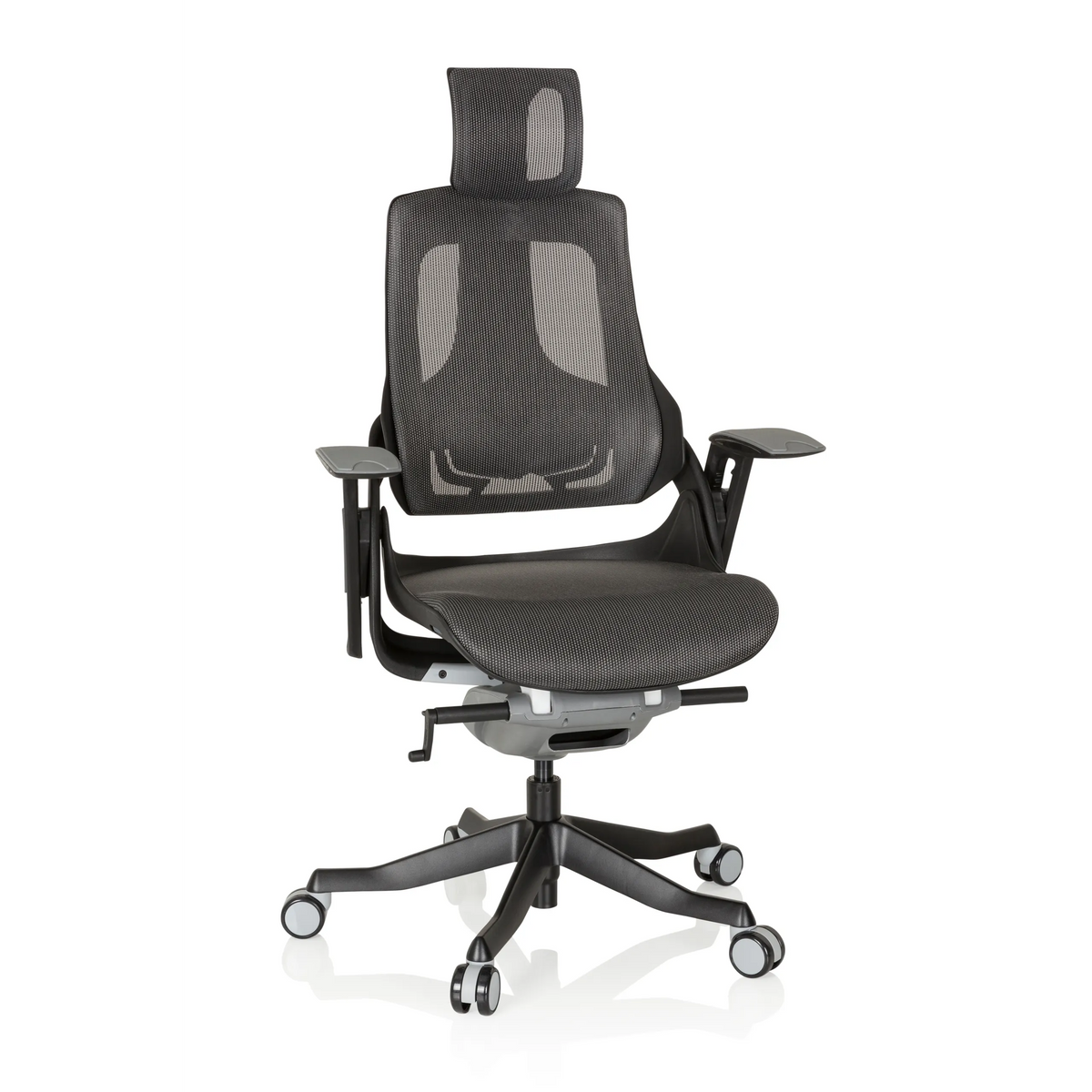 Sedia da ufficio professionale SPEKTRE BLACK grigio-nera con schienale in rete e base a cinque ruote di hjh OFFICE – vista a 360° (vista frontale 20°)