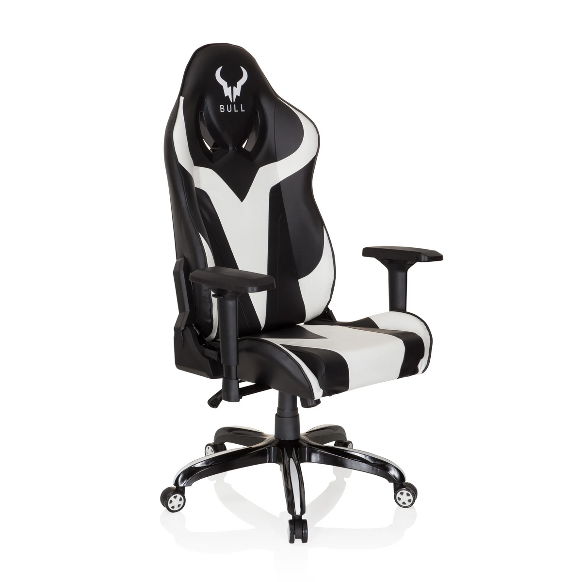 Sedia da gaming PROMOTER I bianca e nera con braccioli e base a cinque ruote di hjh OFFICE – vista a 360° (vista frontale a tre quarti 40°)