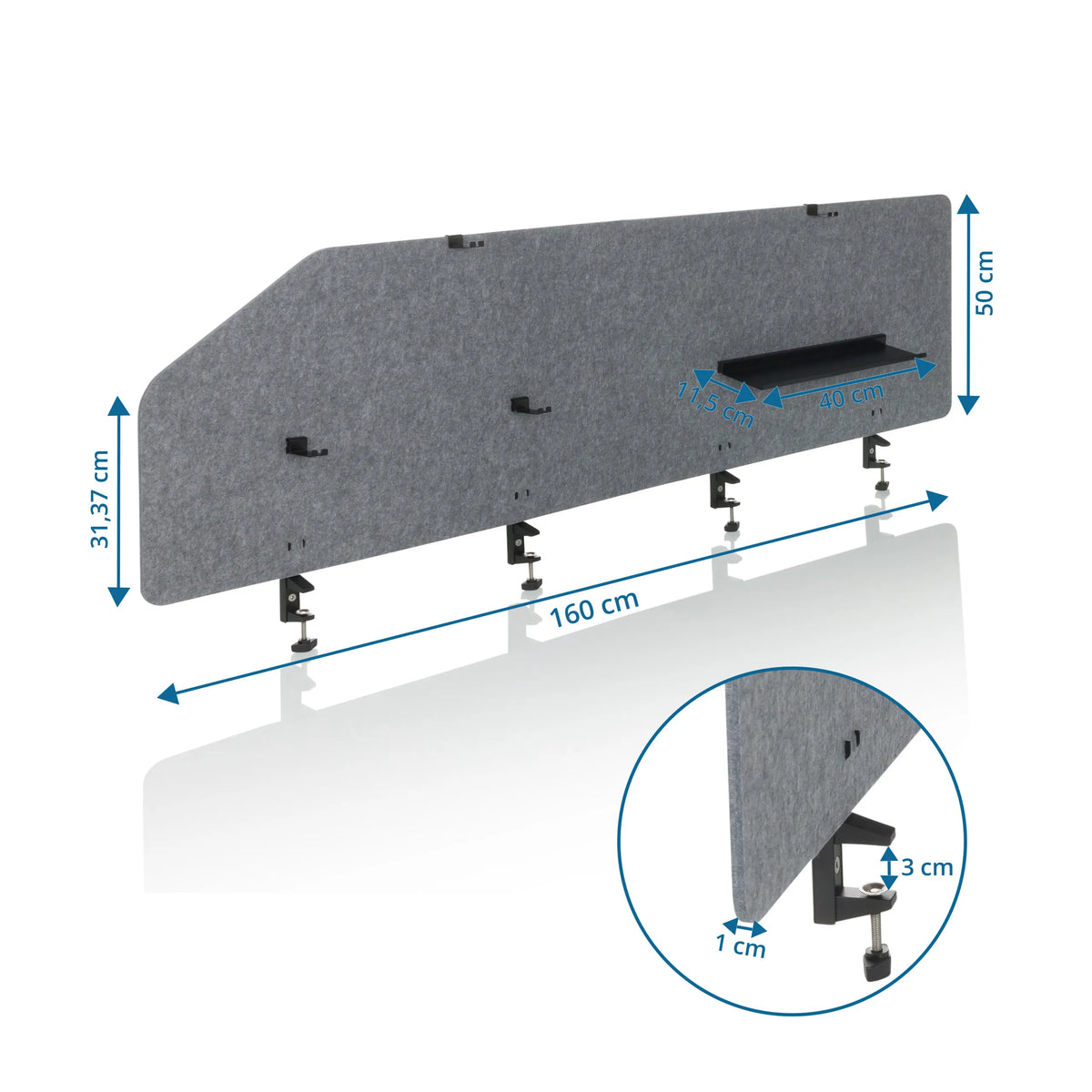 Disegno dimensionale del Divisorio per scrivania FLEXMIUT T TOP con larghezza 160 cm e altezza 50 cm di hjh OFFICE
