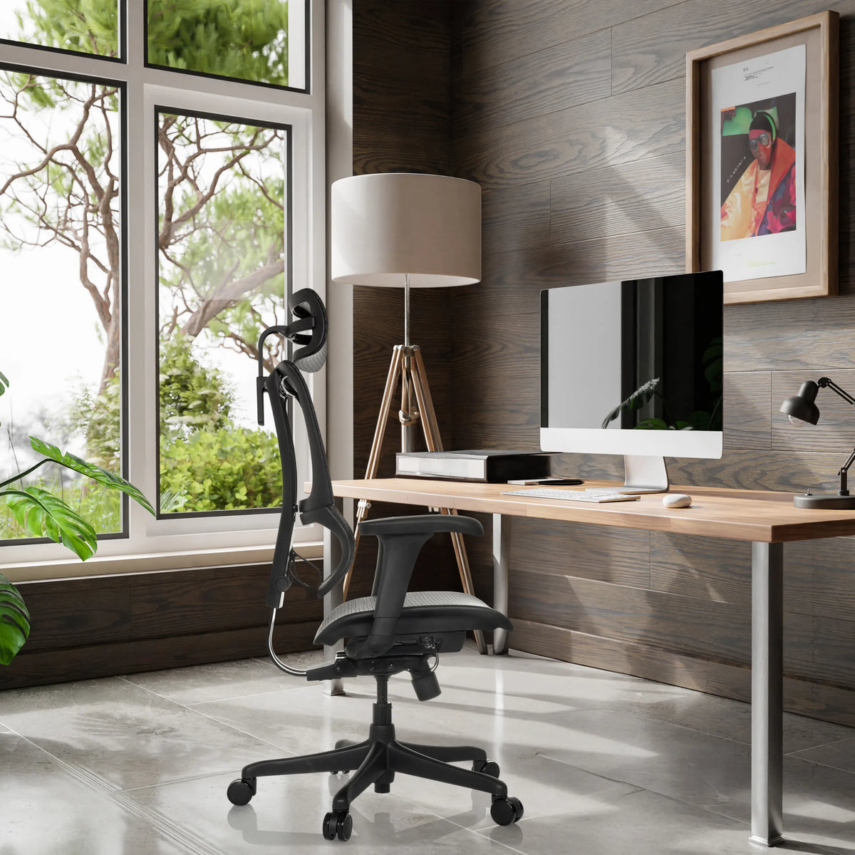 Poltrona di lusso ERGOHUMAN SLIM ECO M GEN2 con schienale in rete e braccioli in un moderno ufficio in casa di hjh OFFICE