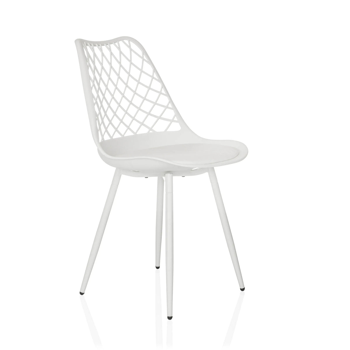 Sedia da esterno bianca BEGIO S con schienale a griglia e quattro gambe di hjh LIVING – vista a 360° (vista frontale a tre quarti 45°)
