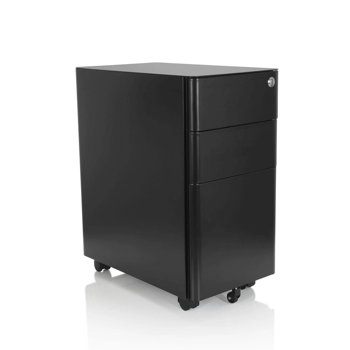 Cassettiera con rotelle COLOR I nera in metallo con tre cassetti e quattro ruote di hjh OFFICE – vista a 360° (vista frontale a tre quarti 40°)