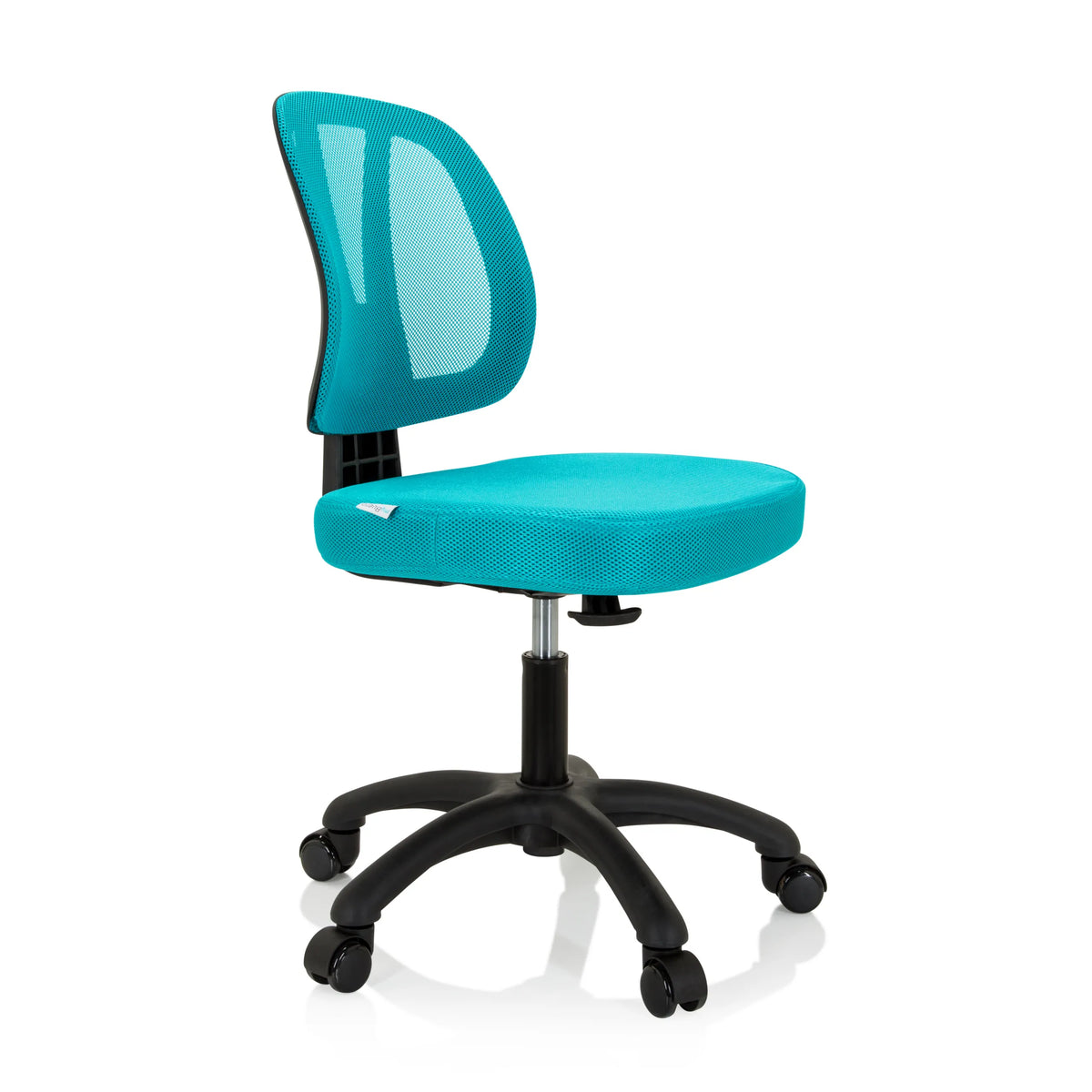 Sedia girevole per bambini KID YU 200 turchese con schienale in rete e base a cinque ruote di hjh OFFICE – vista a 360° (vista frontale a tre quarti 60°)
