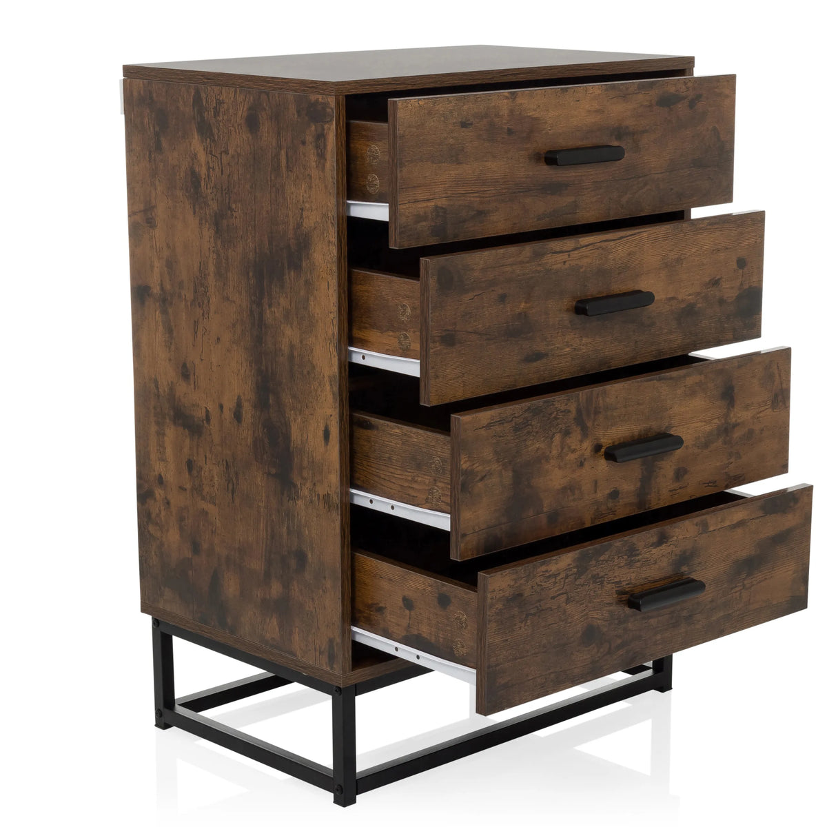 Cassettiera marrone VINSTRA con quattro cassetti aperti e struttura in metallo nero di hjh LIVING
