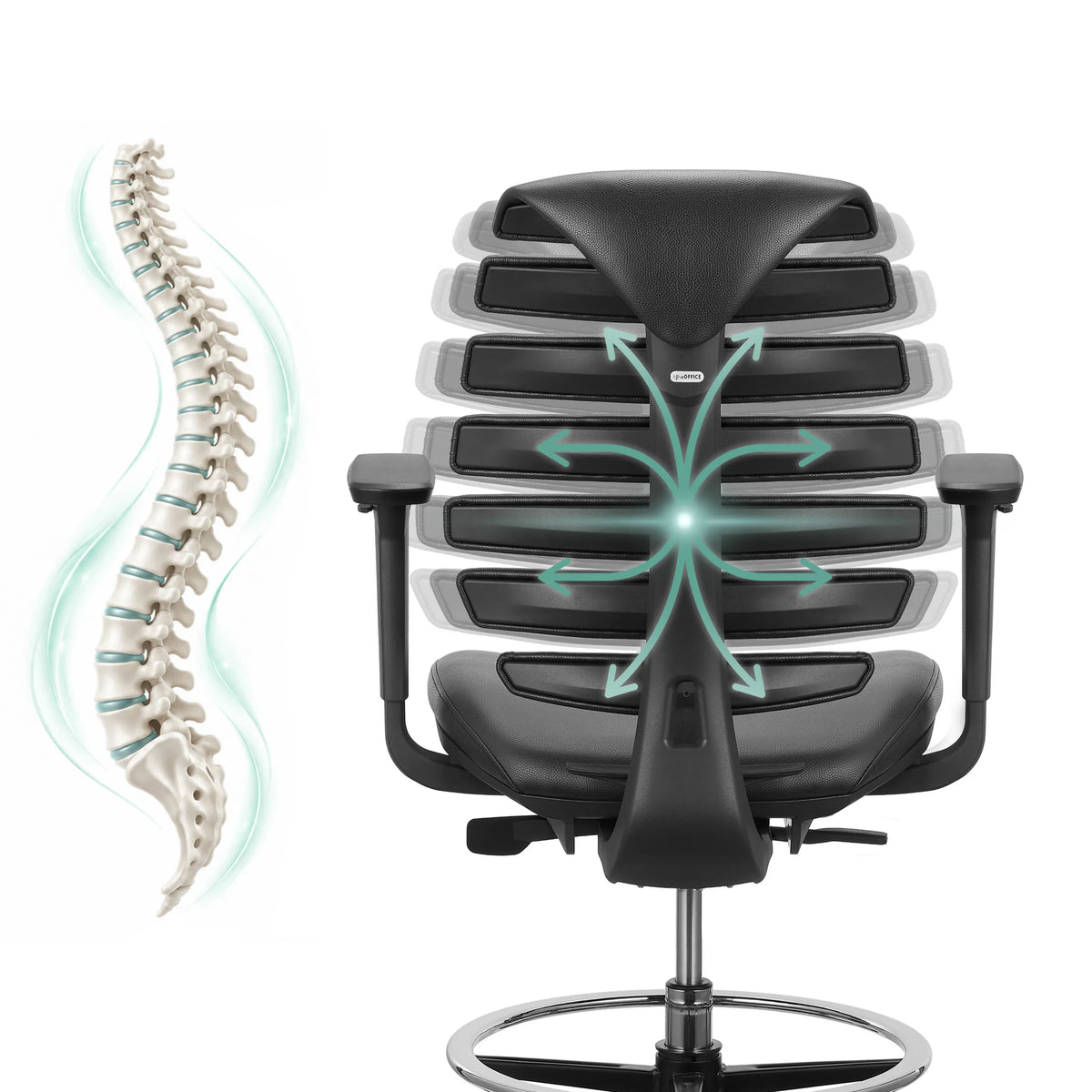 Schienale della sedia da banco ERGO LINE II WORK con rappresentazione della colonna vertebrale e dell'effetto di supporto di hjh OFFICE