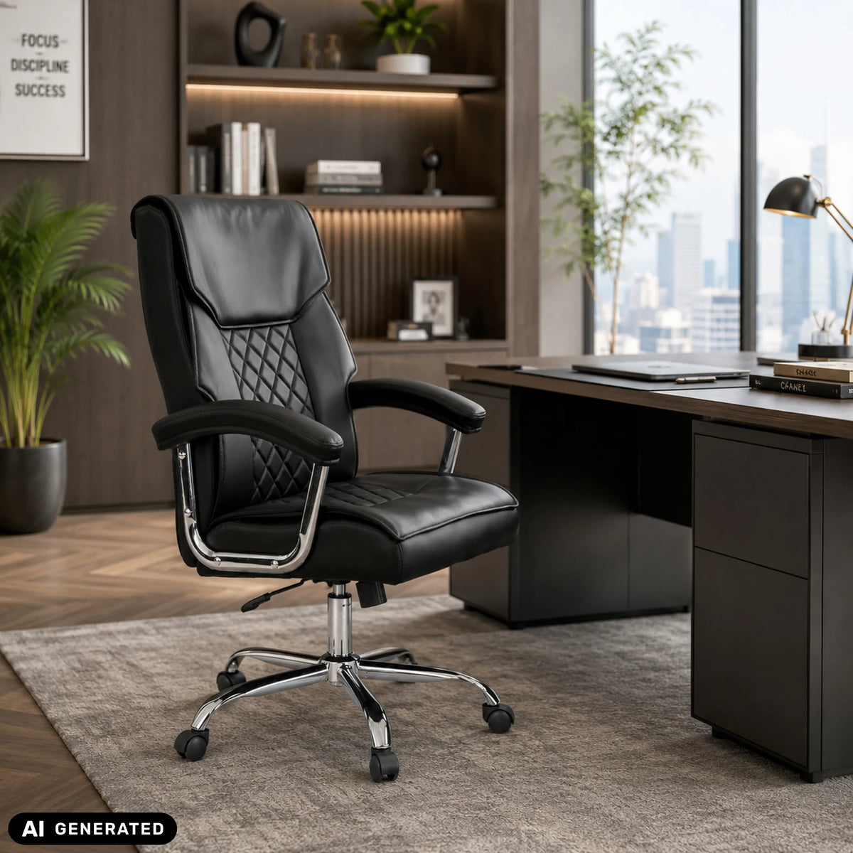 Sedia Home Office Relax Prestio nera con motivo trapuntato e base cromata in un ufficio di MyBuero