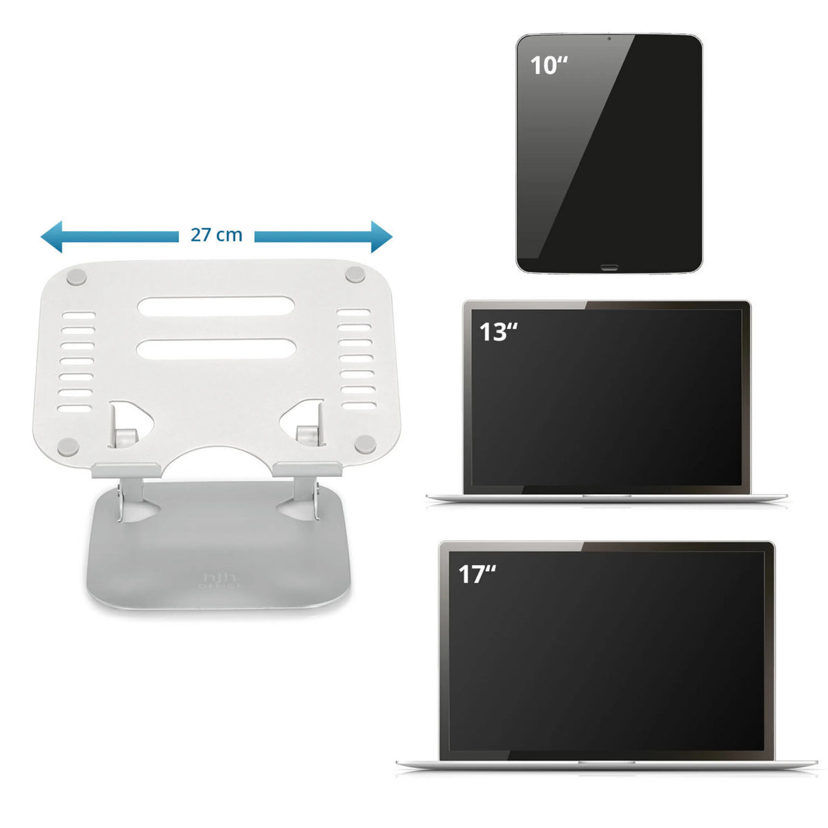 Supporto per LAPTOP STAND in argento con una larghezza di 27 cm per dispositivi da 10 a 17 pollici di hjh OFFICE
