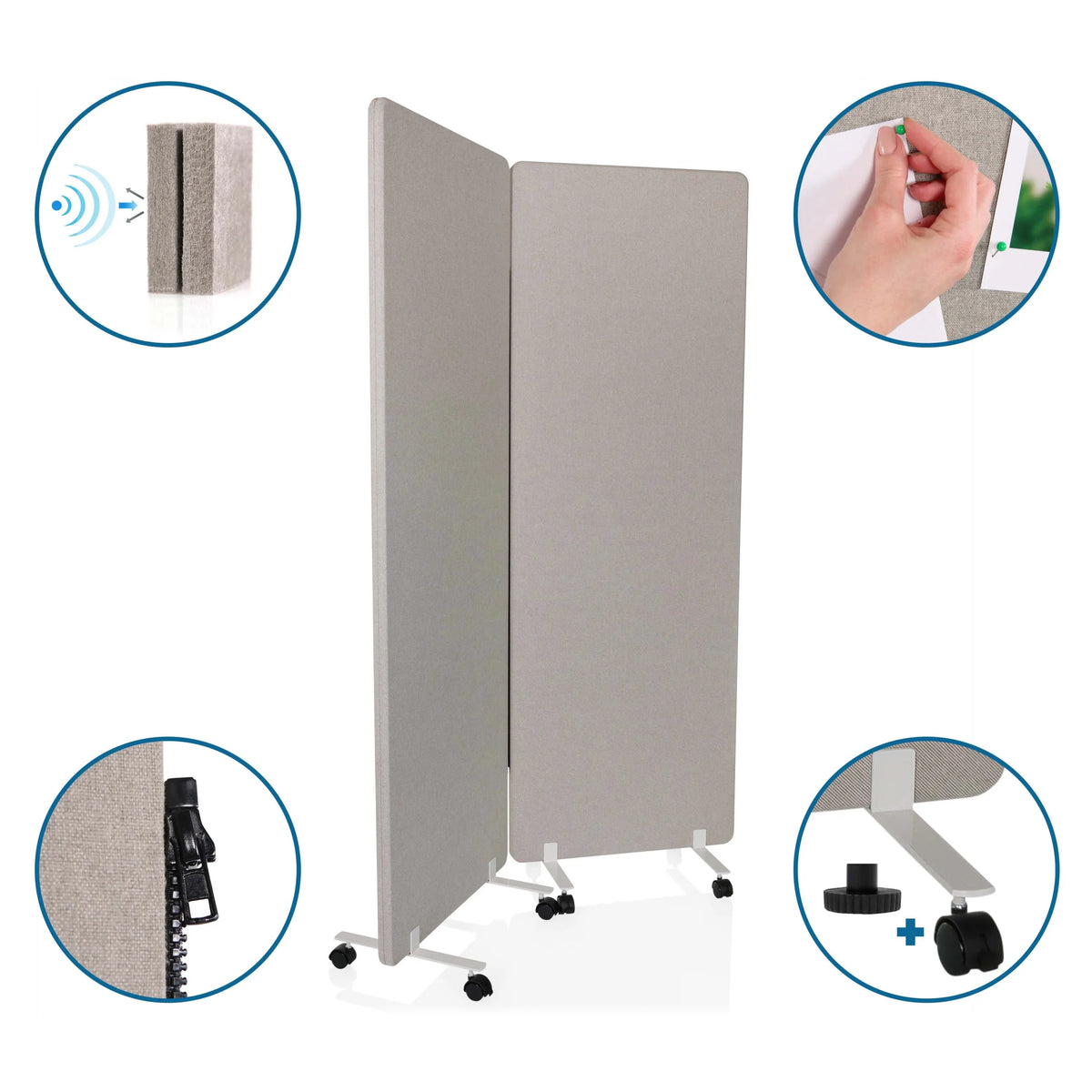 Pareti divisorie FLEXMIUT 1 grigie con ruote, funzione bacheca e materiale fonoassorbente di hjh OFFICE