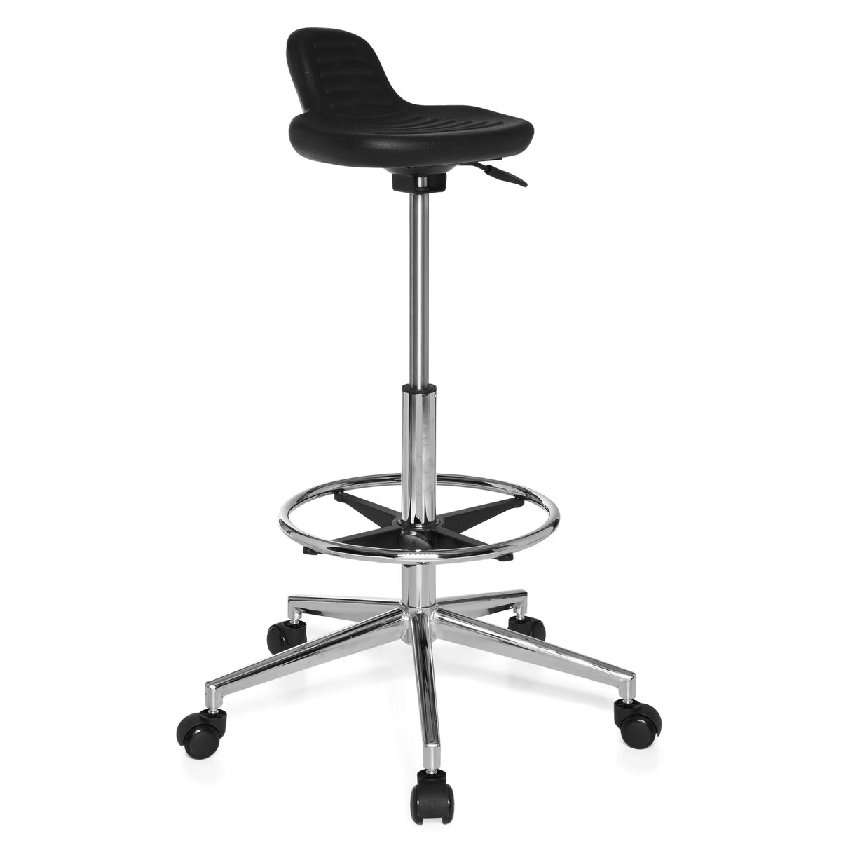 Sgabello girevole nero TOP WORK 03 con poggiapiedi e base a cinque ruote di hjh OFFICE – vista a 360° (vista frontale a tre quarti 40°)