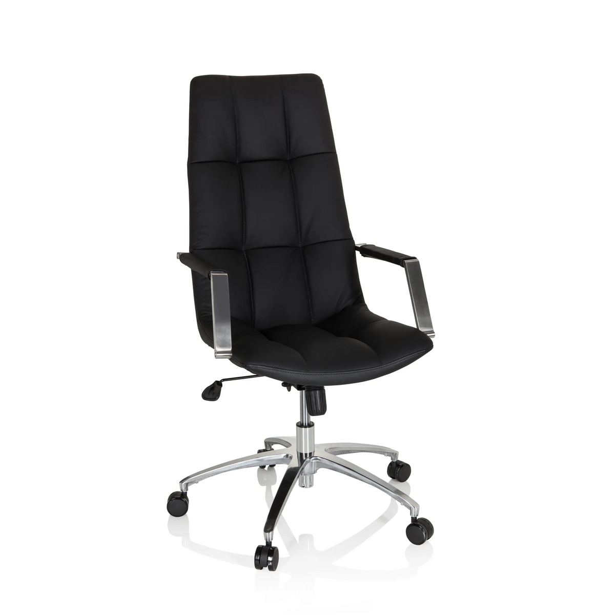 Poltrona Home Office SARANTO PRO in pelle nera con base lucida a cinque ruote di hjh OFFICE – vista a 360° (vista frontale 19°)