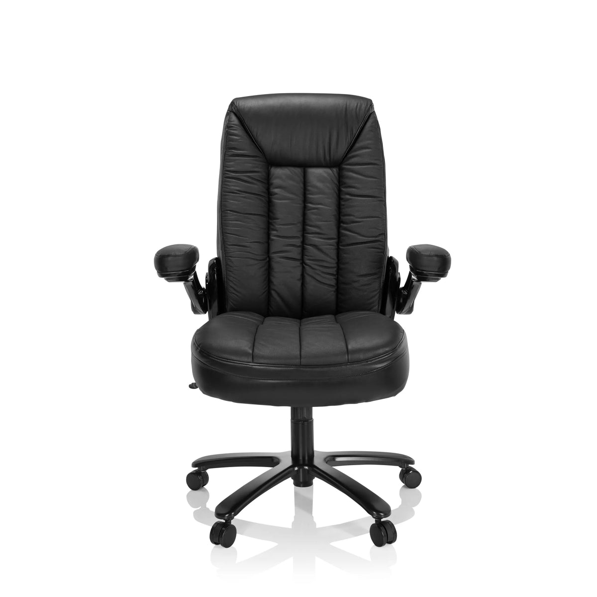 Sedia girevole XXL INSTRUCTOR III nera in pelle con base a stella e cinque ruote di hjh OFFICE – vista a 360° (vista frontale 0°)