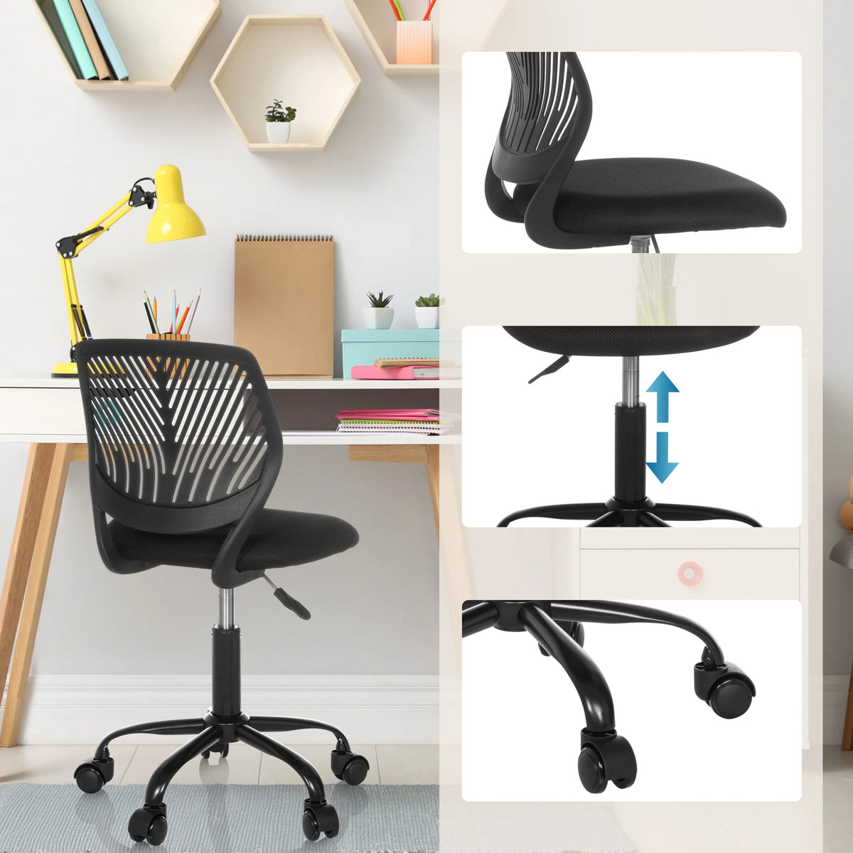 Sedia girevole per bambini KID QB in nero con pistone a gas regolabile in altezza e rotelle per l'home office di hjh OFFICE